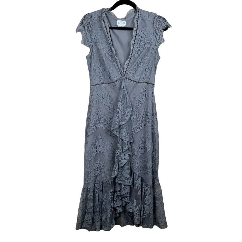 Saylor Women's Silver Lace Midi Dress‎ M V-Neck Party Cocktail Elegant